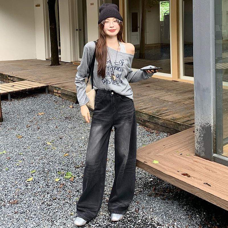 早秋上新  25年新款复古高腰显瘦百搭宽松直筒休闲黑灰色牛仔裤女