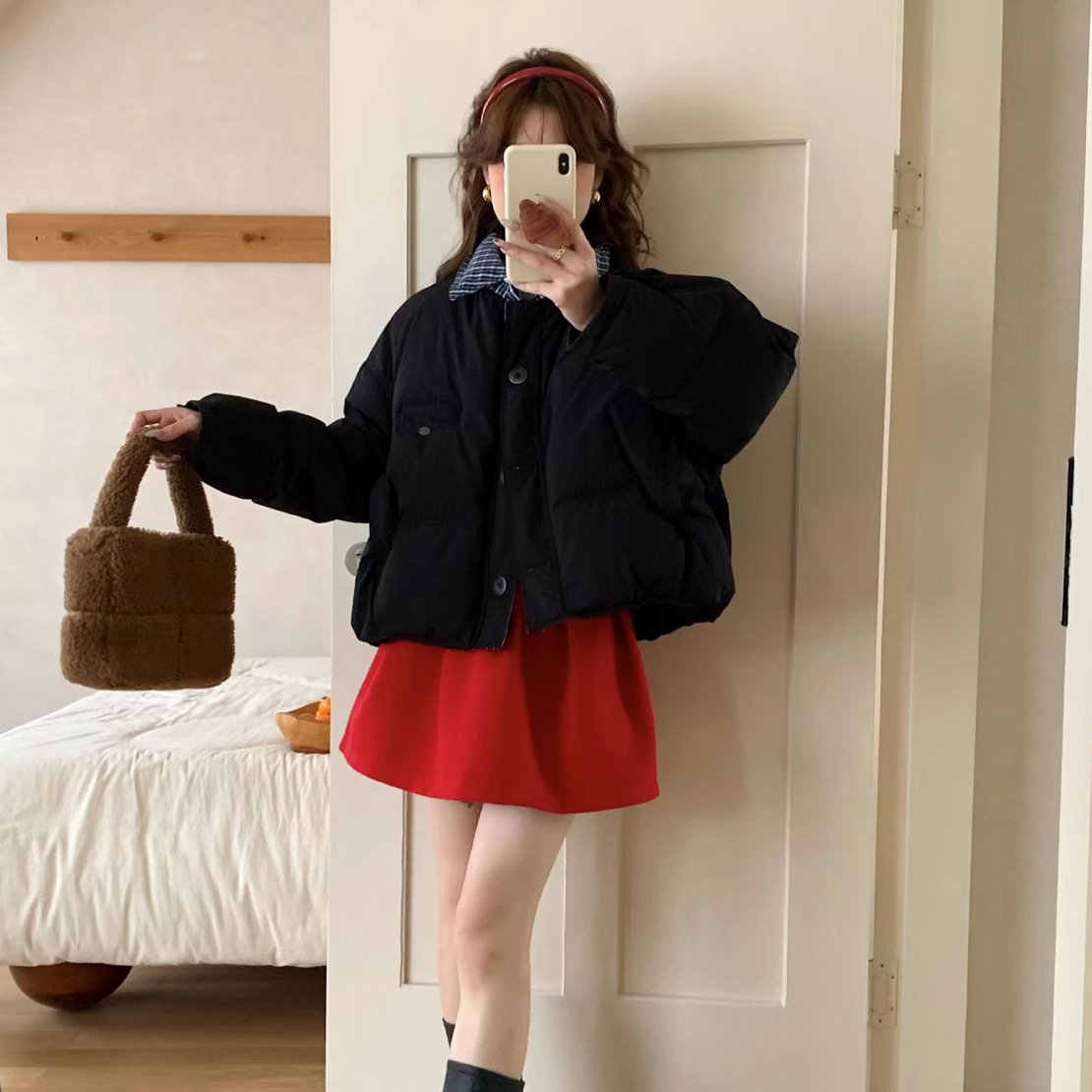 新国标90白鸭绒韩系衬衫领撞色格纹短款冬季新款女款保暖休闲外套