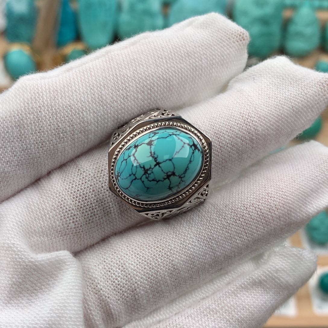 绿松石男戒银S925镶嵌