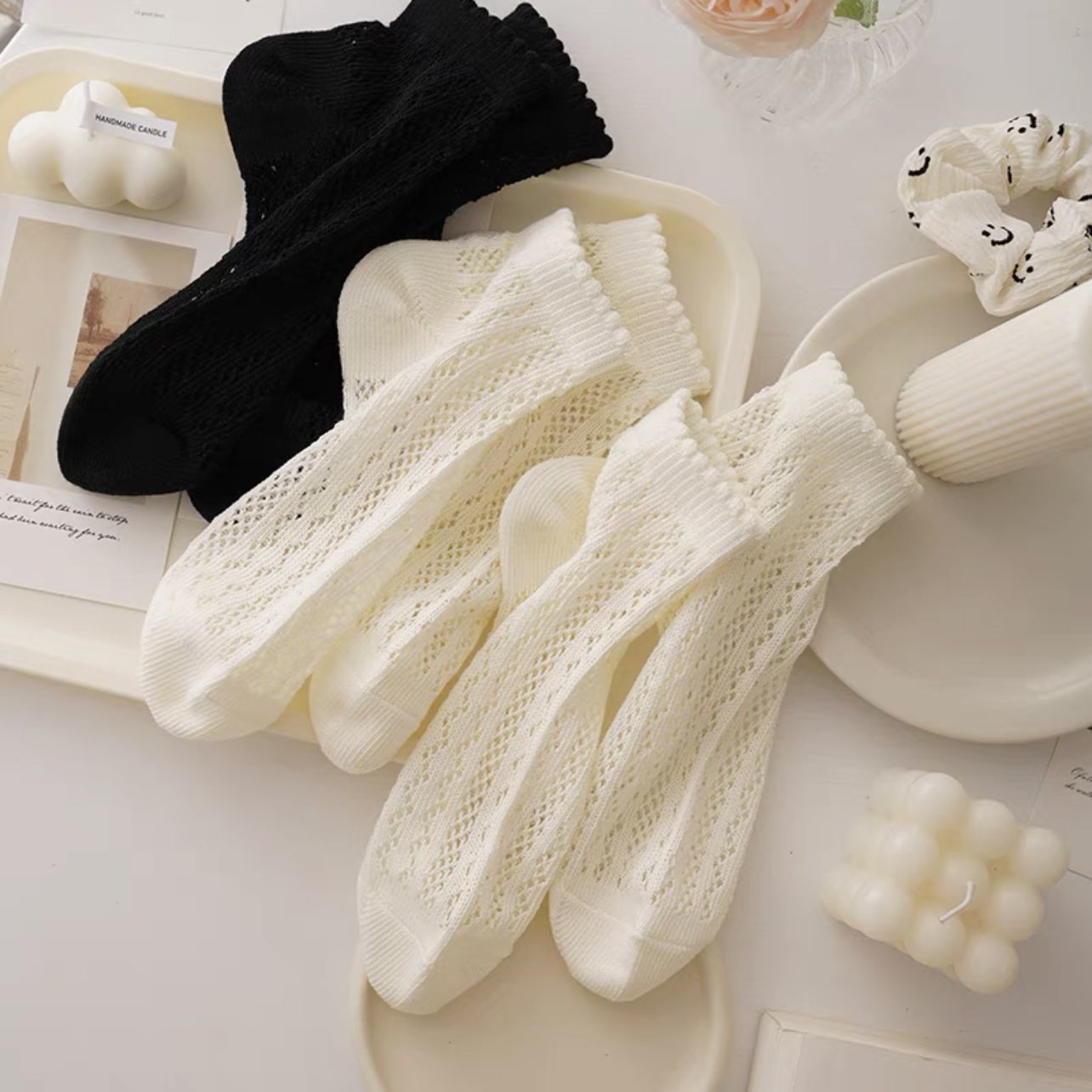 袜子女夏季薄款ins潮百搭韩版短袜花边网眼船袜简约甜美透气吸汗