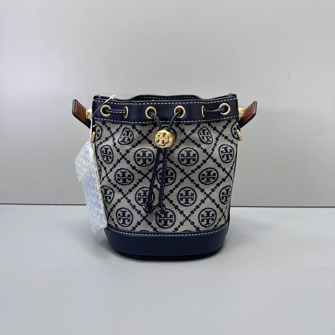 95新 TORY BURCH/汤丽柏琦 蓝色老花迷你斜挎水桶包 15*18*11cm
