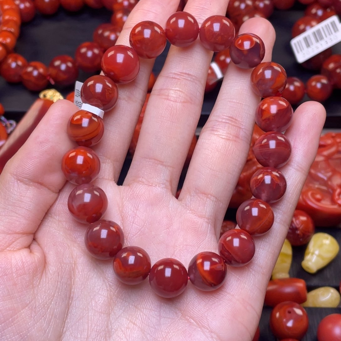 南红玛瑙其它未镶嵌枳*?y11mm瓦西牛血红火焰纹圆珠手串