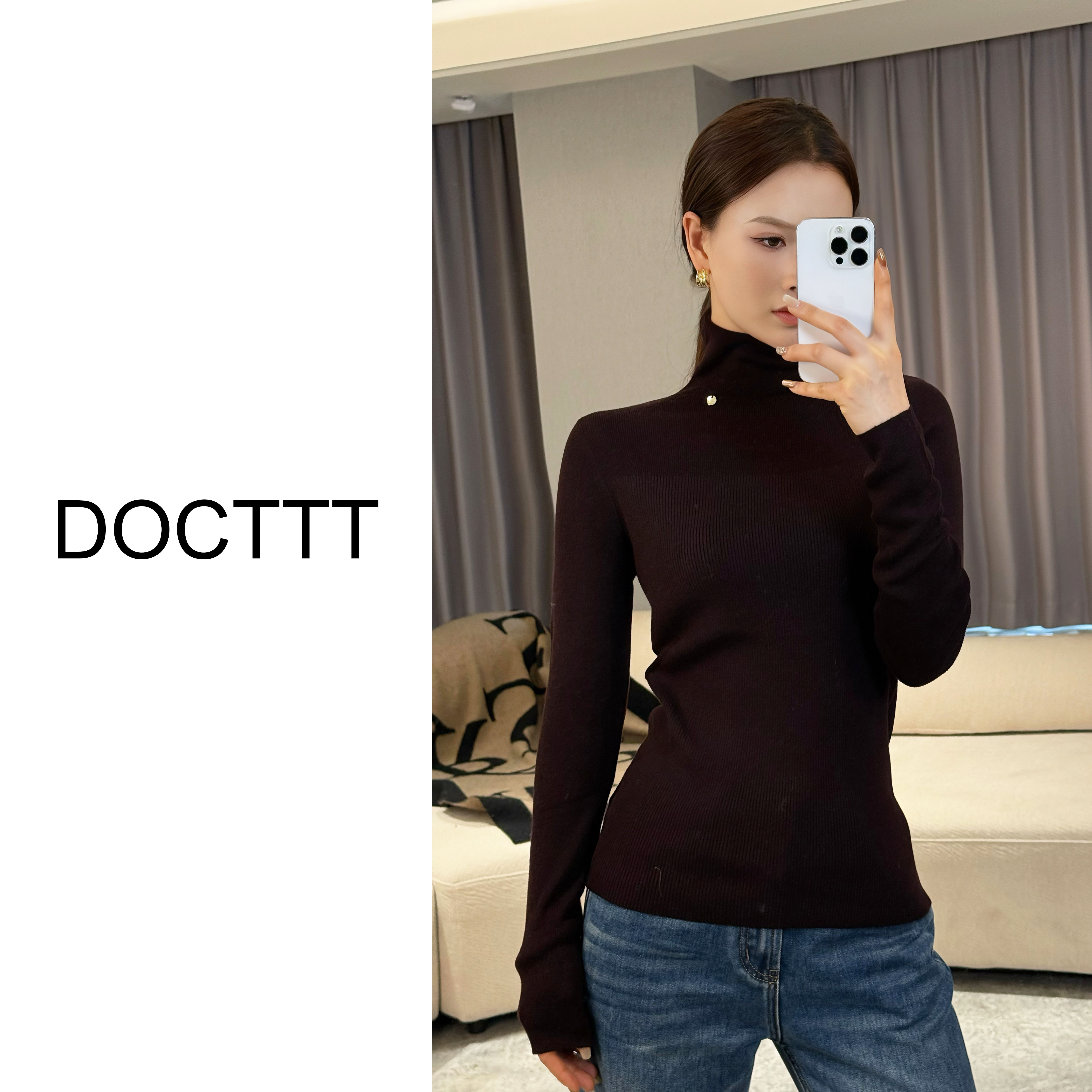 《DCT》优雅弧度*极简通勤风金属扣装饰修身针织打底衫D25218