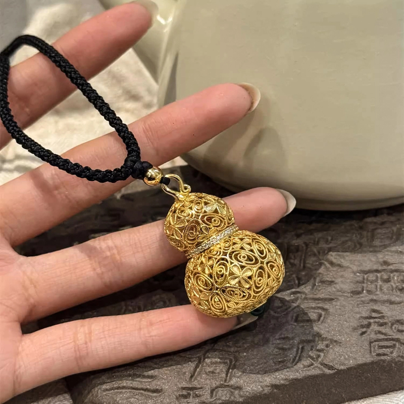 敦煌飞天 吊坠925银  N17640 意大利精工镂空葫芦黑绳抽绳项链