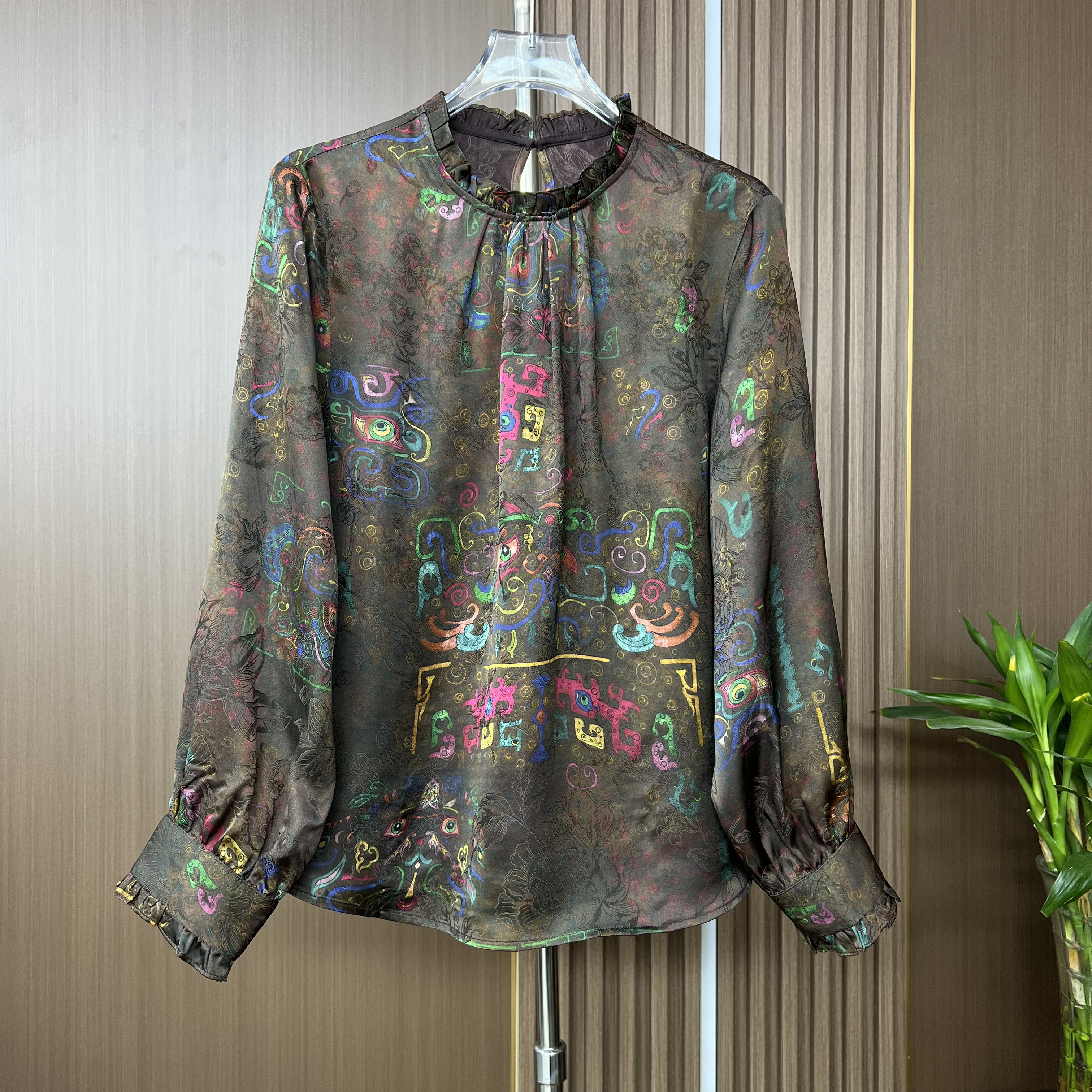 【醒狮】中式国风木耳领时尚女士春季长袖提花减龄洋气百搭款上衣