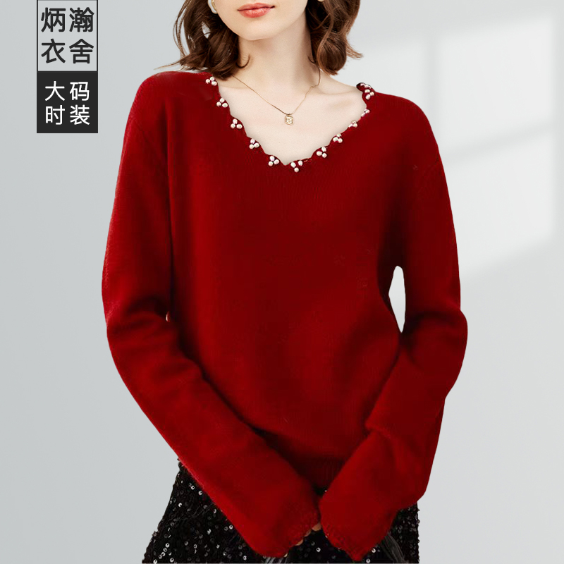 炳瀚法式定制钩花钉珠V领针织衫女季胖MM显瘦毛衣BH424CZ14948