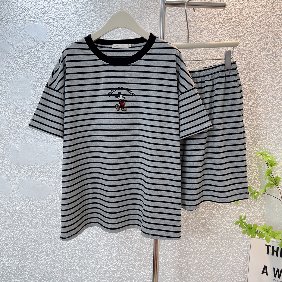 薄款棉质短袖短裤女士条纹睡衣套装大码休闲大弹力家居服情侣