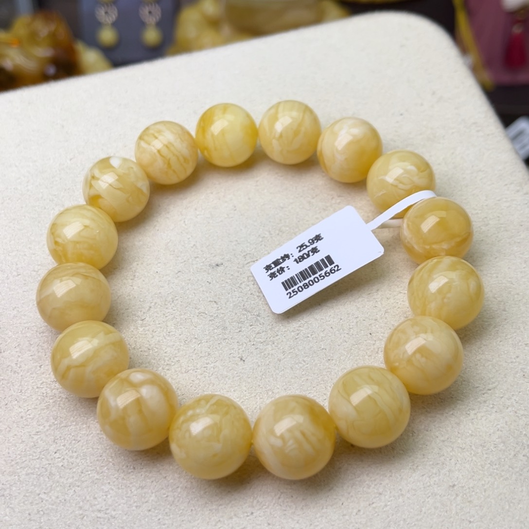 手链蜜蜡未镶嵌14圆珠浓白蜡虎皮纹