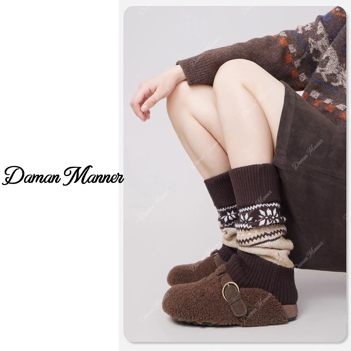 DAMAN | 冬季雪花撞色费尔岛袜套中筒袜针织堆堆袜DM25382