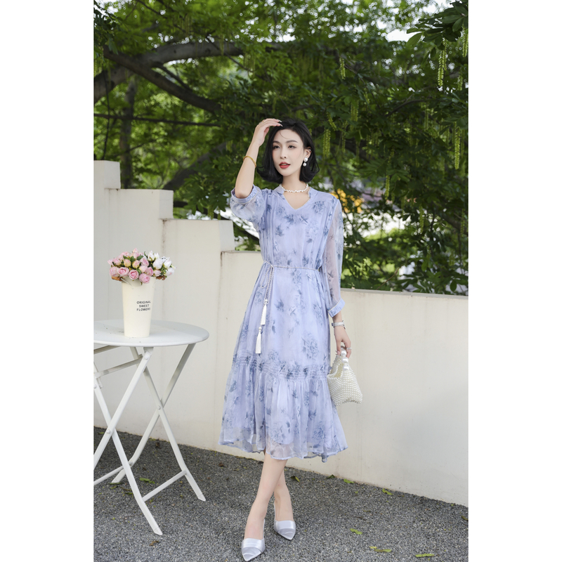 桑蚕丝夏季女装连衣裙时显瘦气质显瘦连衣裙-91016