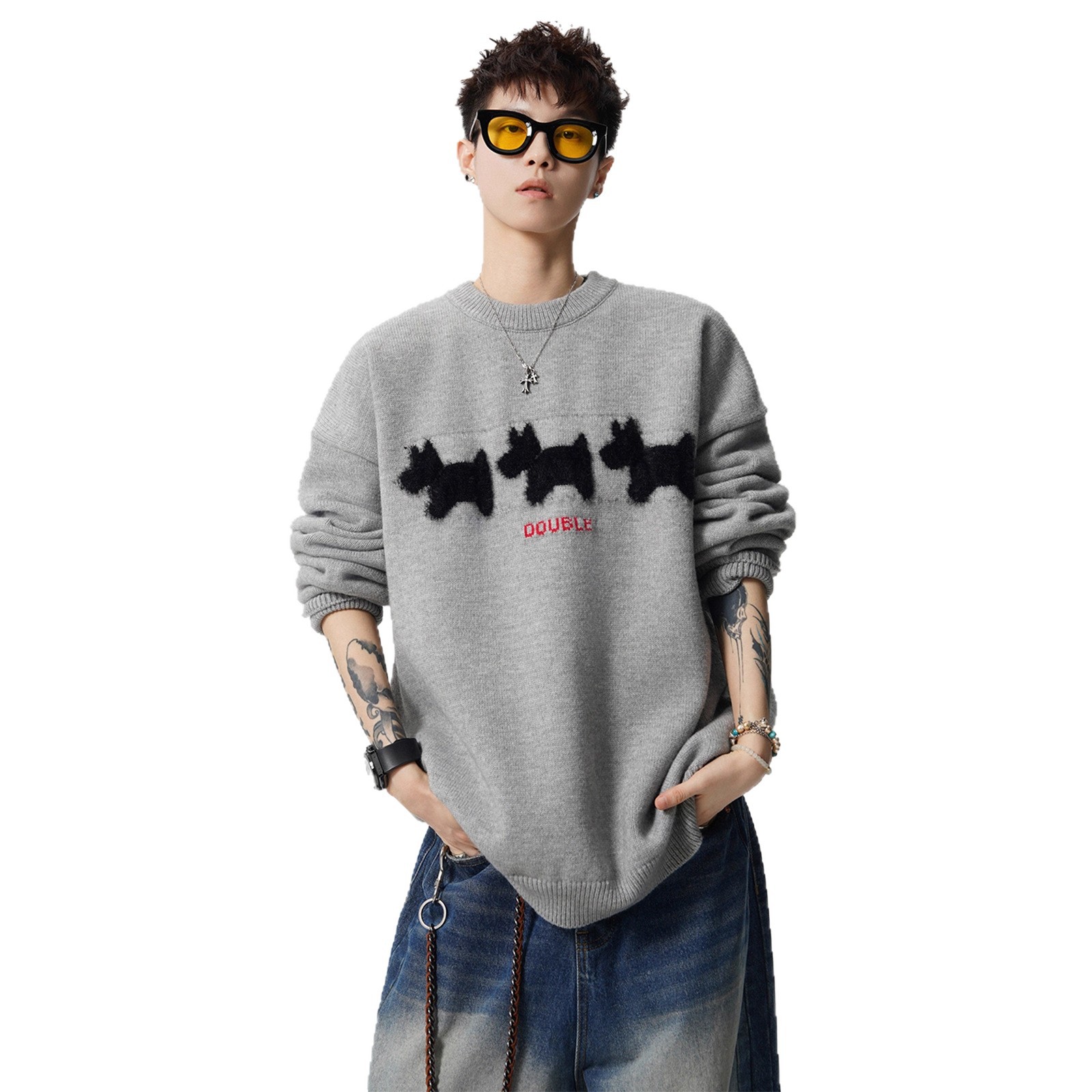 DBQ男装 | 植绒圆领毛衣男女冬季新款潮牌宽松慵懒风情侣针织衫