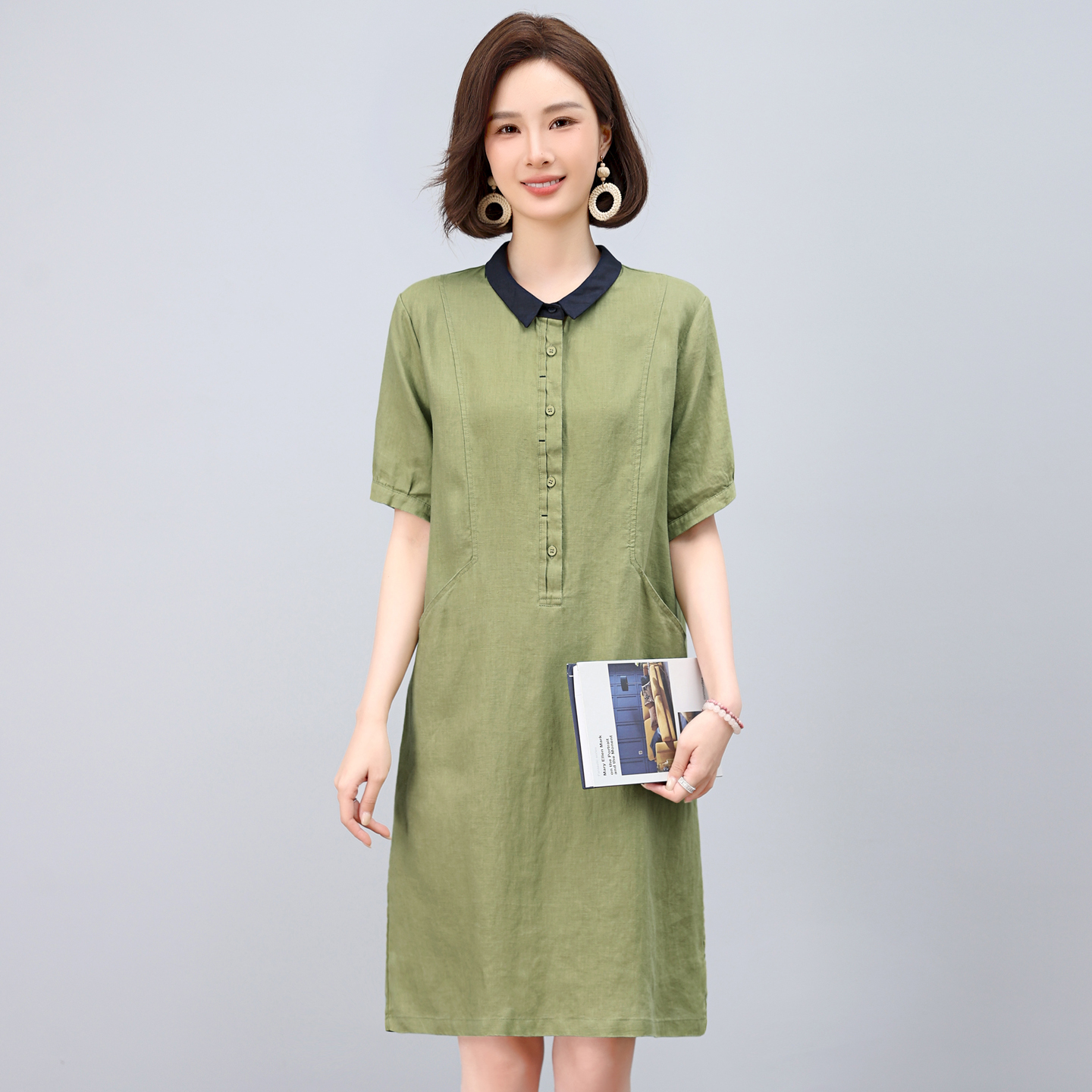 天丝麻短袖连衣裙女夏2025新款妈妈宽松休闲气质翻领直筒中长裙子