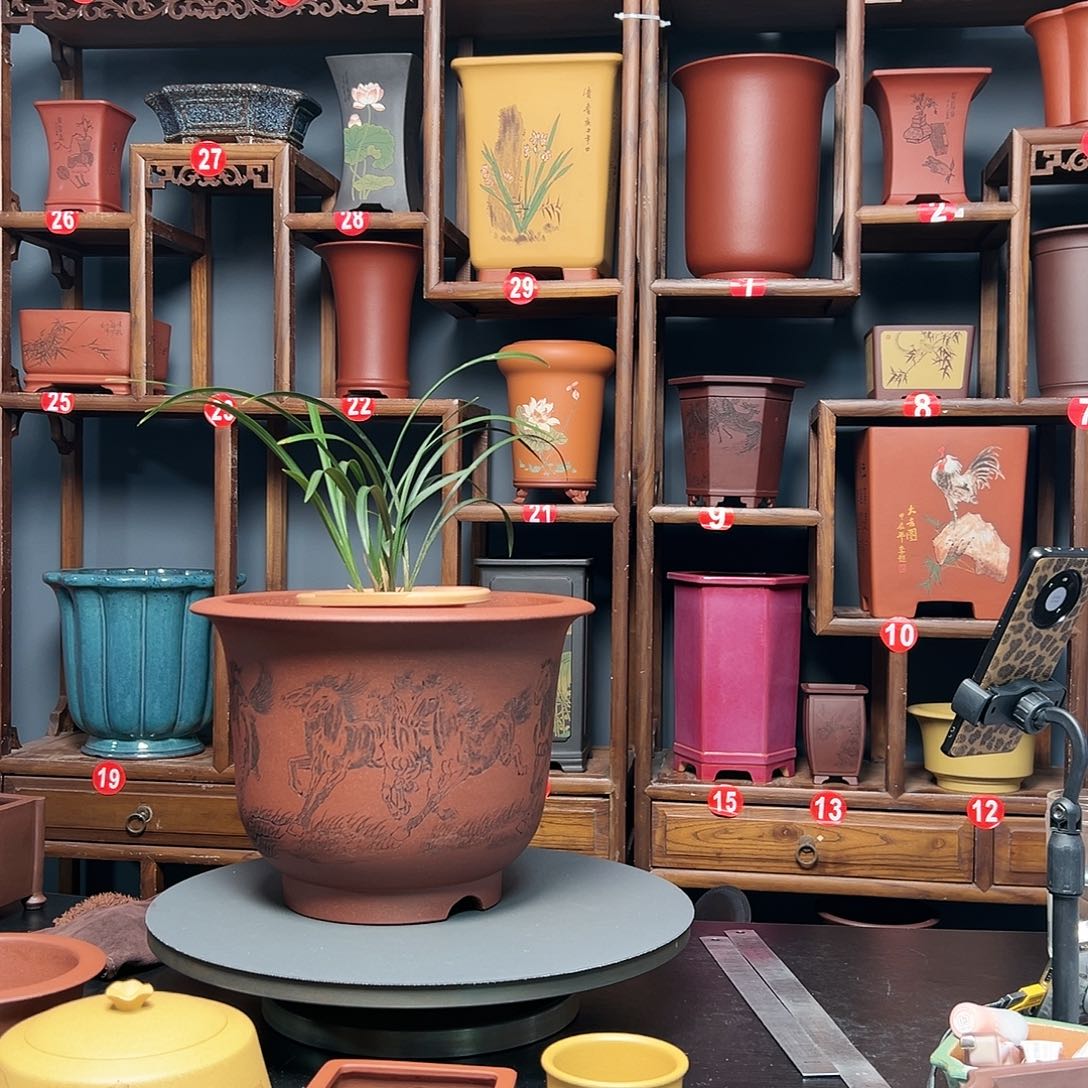 紫砂花盆风*刻绘金钟