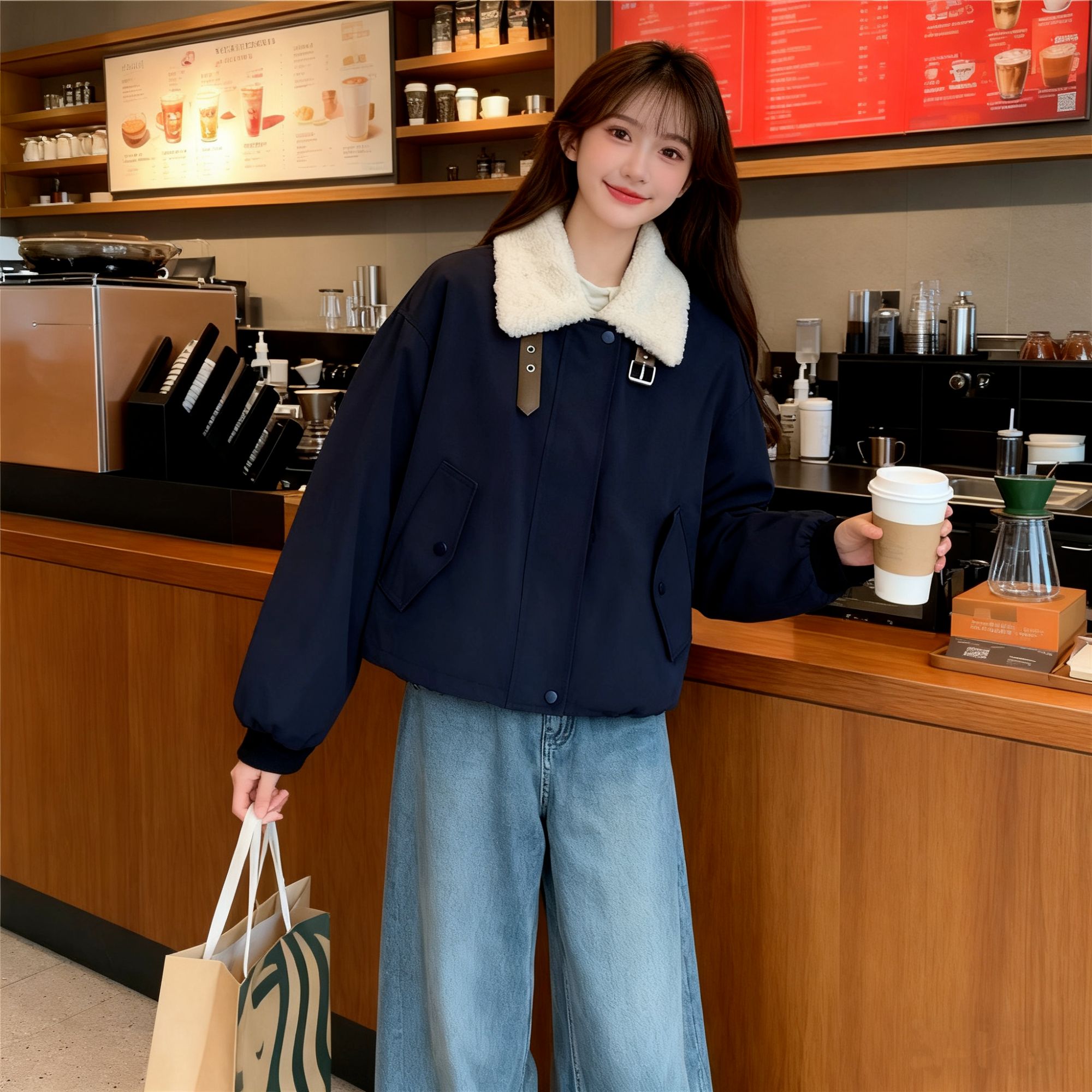 欧货翻领仿羊羔毛拼接工装小个子外套慵懒ins风加绒加厚棉服女冬