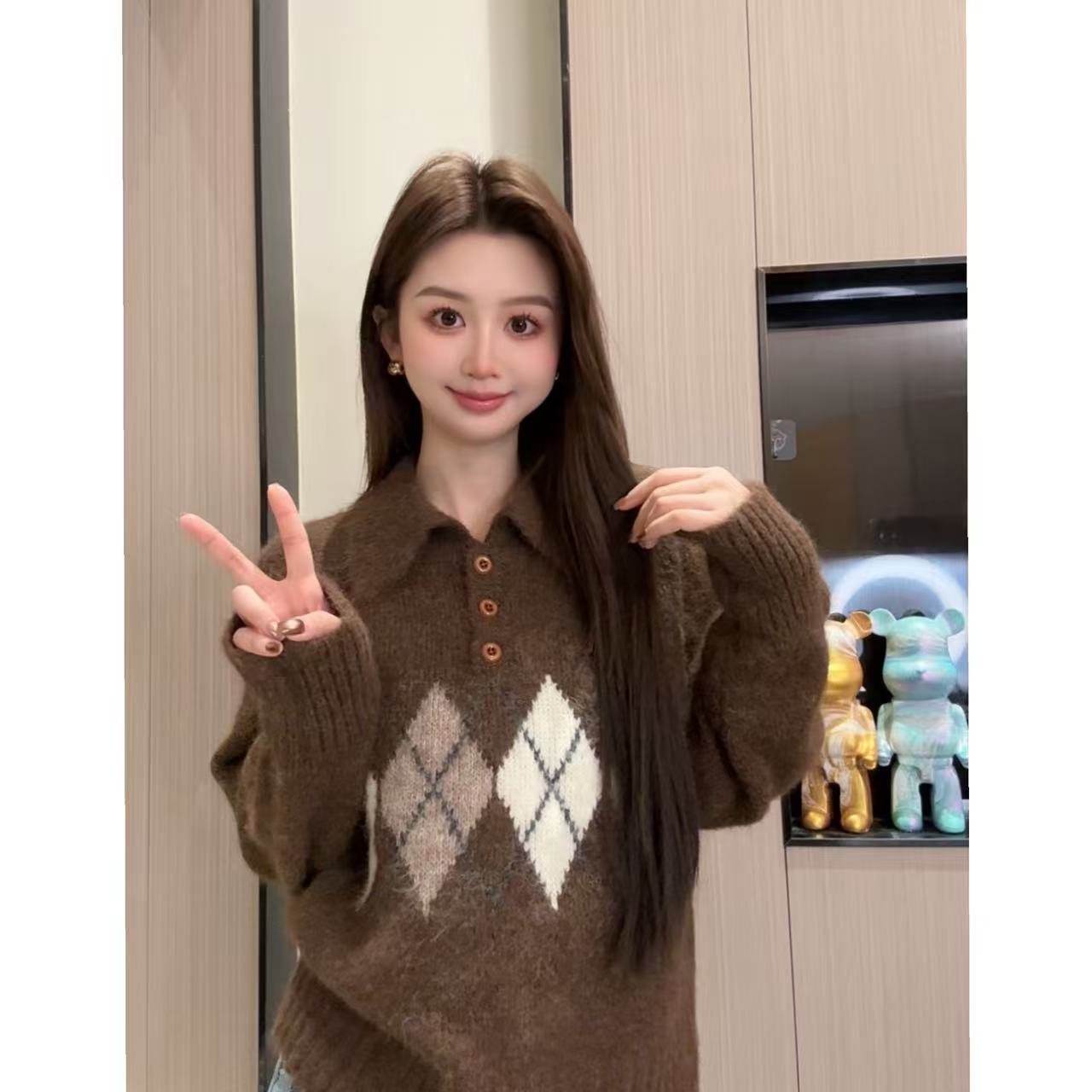 慵懒风菱格毛线衣女款美拉德穿搭超好看冬装polo领针织衫打底上衣