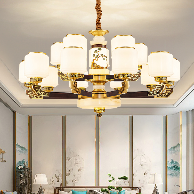 新中式全铜玉石客厅吊灯中山古镇2025年新款中国风复式楼实木灯具