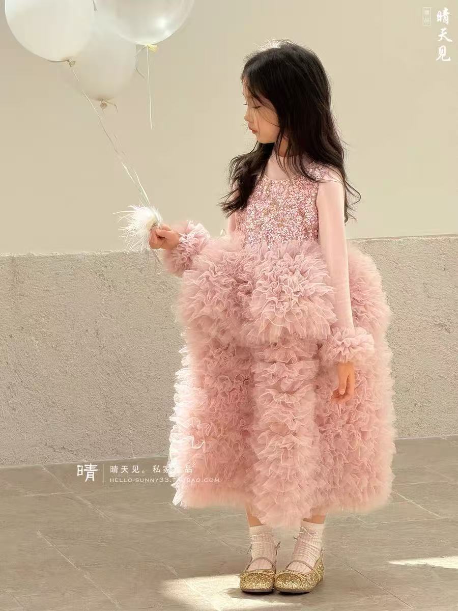 炸 高级感女童粉色加绒蛋糕蓬蓬纱裙洛丽塔生日公主网纱裙裙