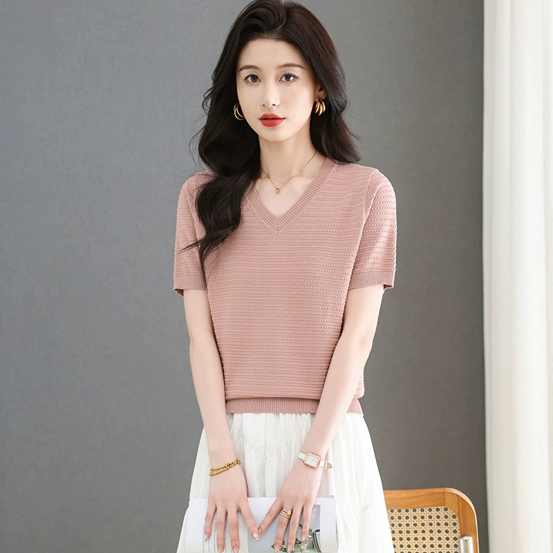 2025夏季新款V领冰丝短袖t恤女士中年妈妈宽松显瘦上衣针织衫体恤