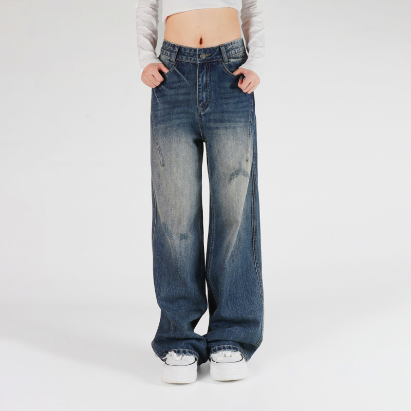 FaGn原创秋冬新款牛仔裤女重工洗水做旧直筒宽松裤显腿长阔腿裤