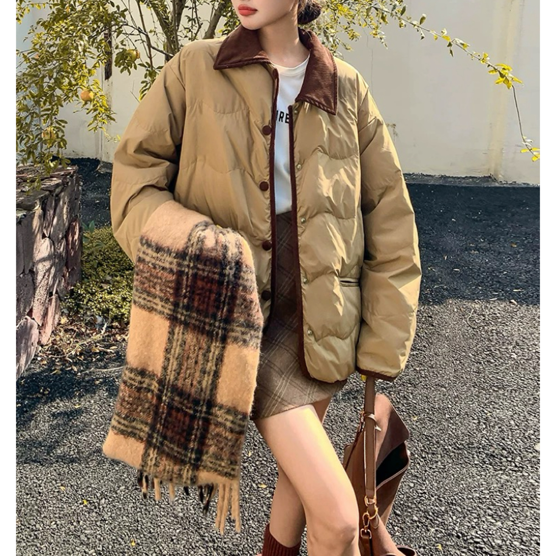 353 韩系复古摩卡宽松百搭拼接设计保暖棉服（A01）