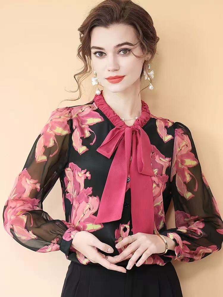 时髦领木耳边法式优雅泡泡袖洋气桑蚕丝衬衫