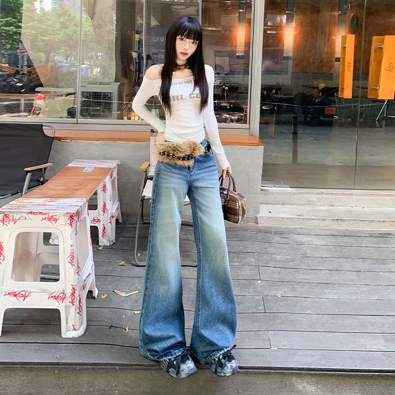 2025秋冬新款微喇裤牛仔女美式复古宽松舒适复古牛仔长裤百搭日常