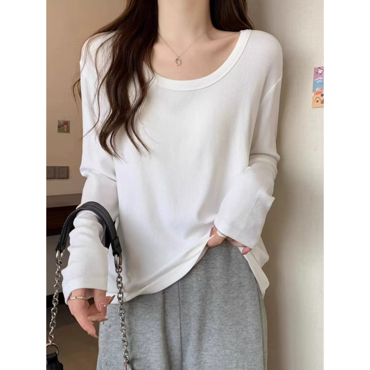 0327 GZU领长袖t恤女秋冬2025年新款正肩宽松打底衫内搭