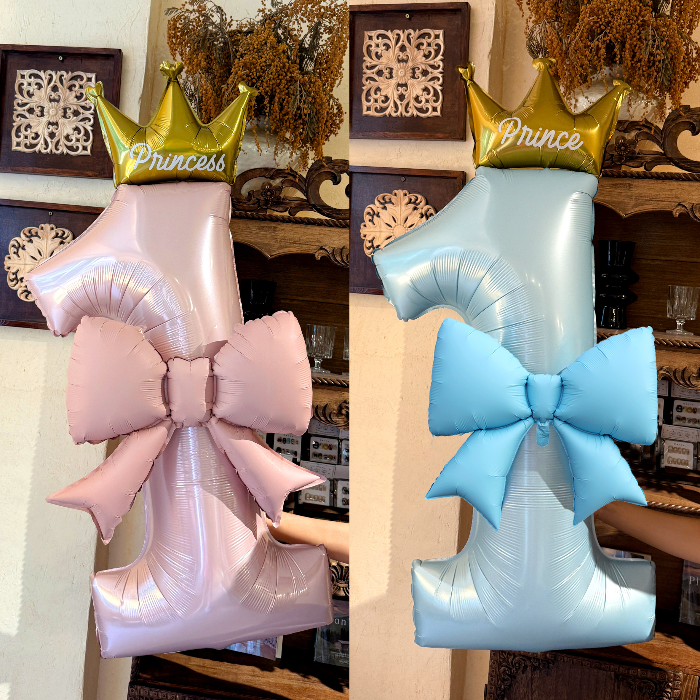 宝宝生日卡通可爱皇冠蝴蝶结40寸大数字铝膜气球派对场景拍照道具