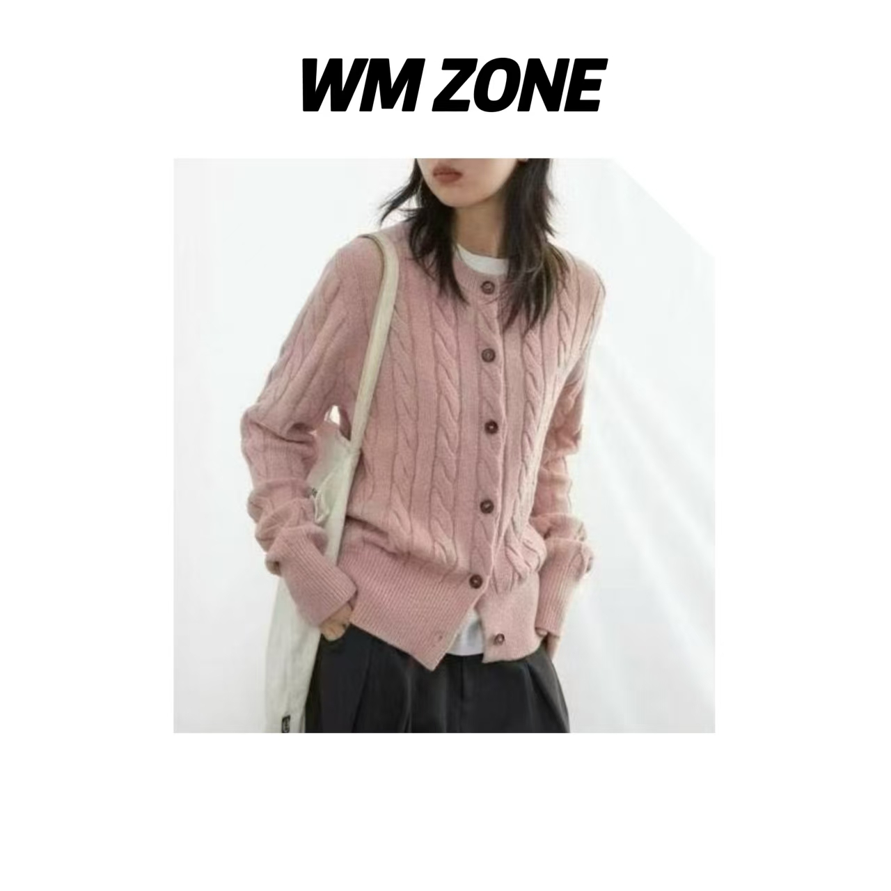 WM   4078  圆领小刺绣羊毛麻花针织开衫