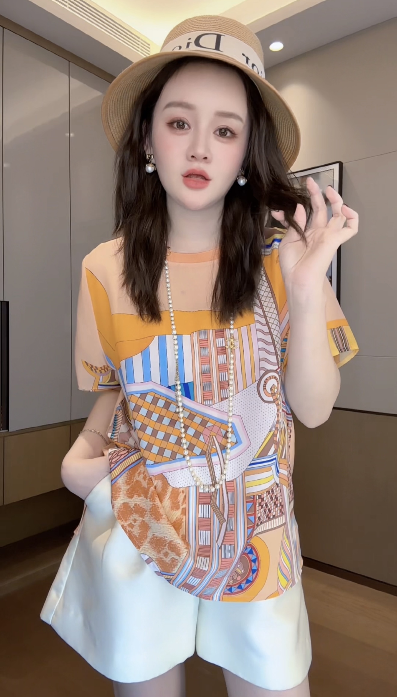 【丝芙玉禄】（A147）真丝双绉创意橙色马图案时尚显瘦桑蚕丝t恤上衣