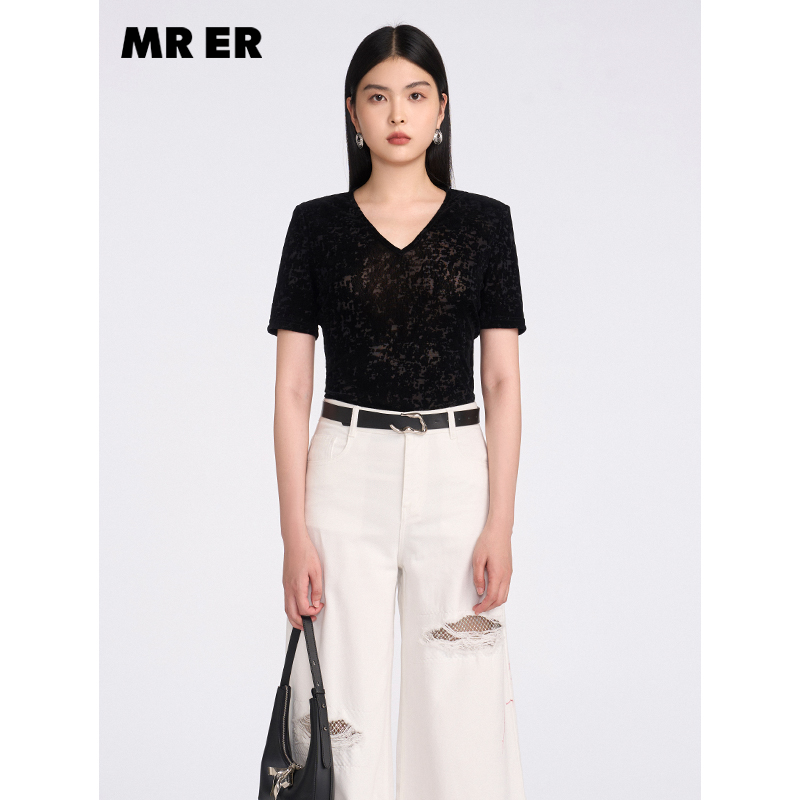 【达人专属】法式V领蕾丝薄款修身显瘦短袖小衫R5A81834