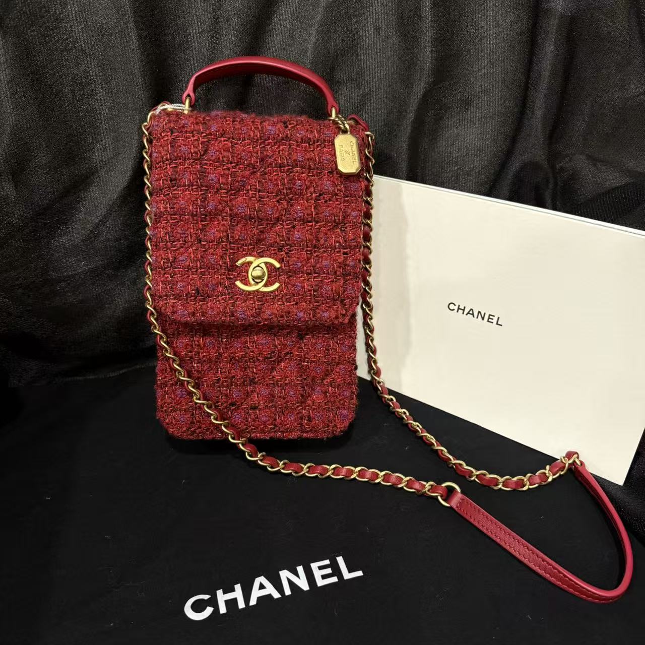 99新 Chanel/香奈儿 任意门奢品/香奈儿红色织物粗花链条包/99新