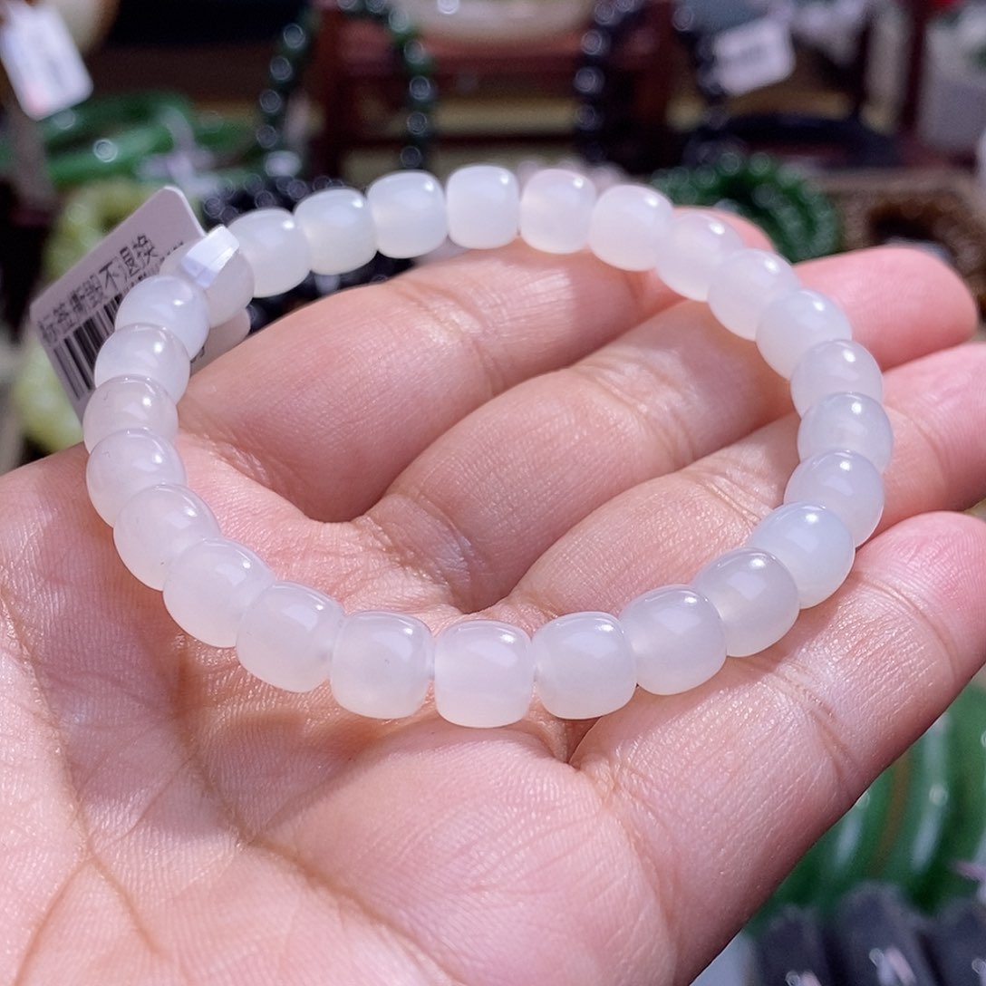 和田玉新疆白玉老矿料高冰直切老型珠手串7.8m未镶嵌