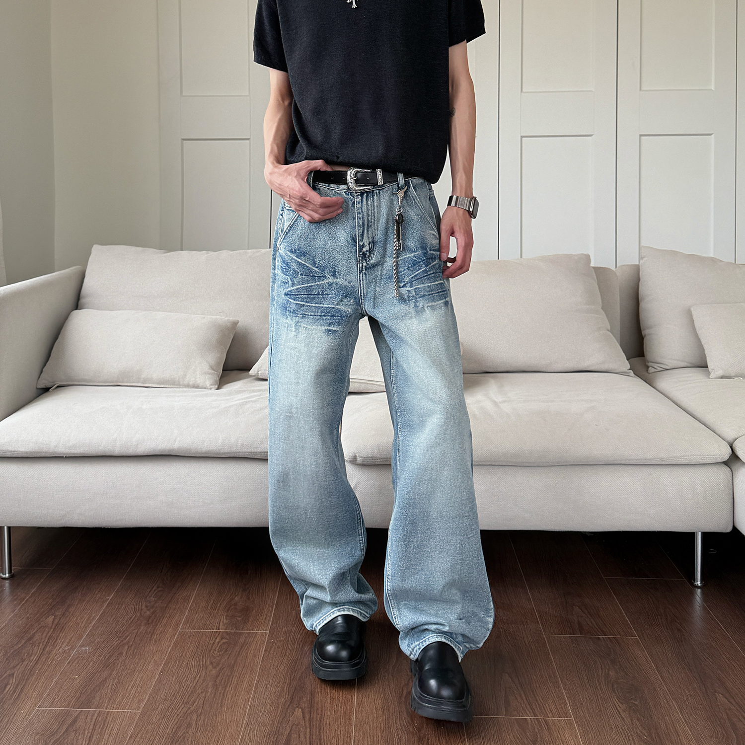 YearnObtainRainbow显瘦竹节纹牛仔裤直筒设计感做旧水洗潮流男女