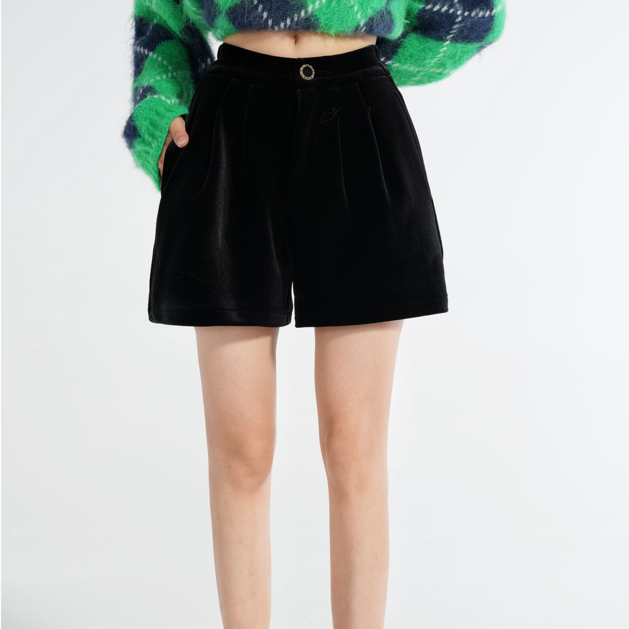 co&sheng小个子秋冬丝绒短裤高腰阔腿显瘦时尚宽松韩版百搭设计感