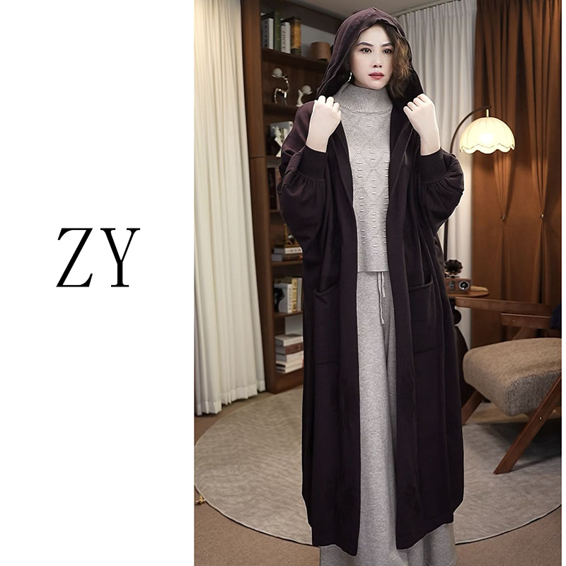 秋冬原创韩版针织休闲连帽开衫女士中长款时尚百搭宽松外套冬季