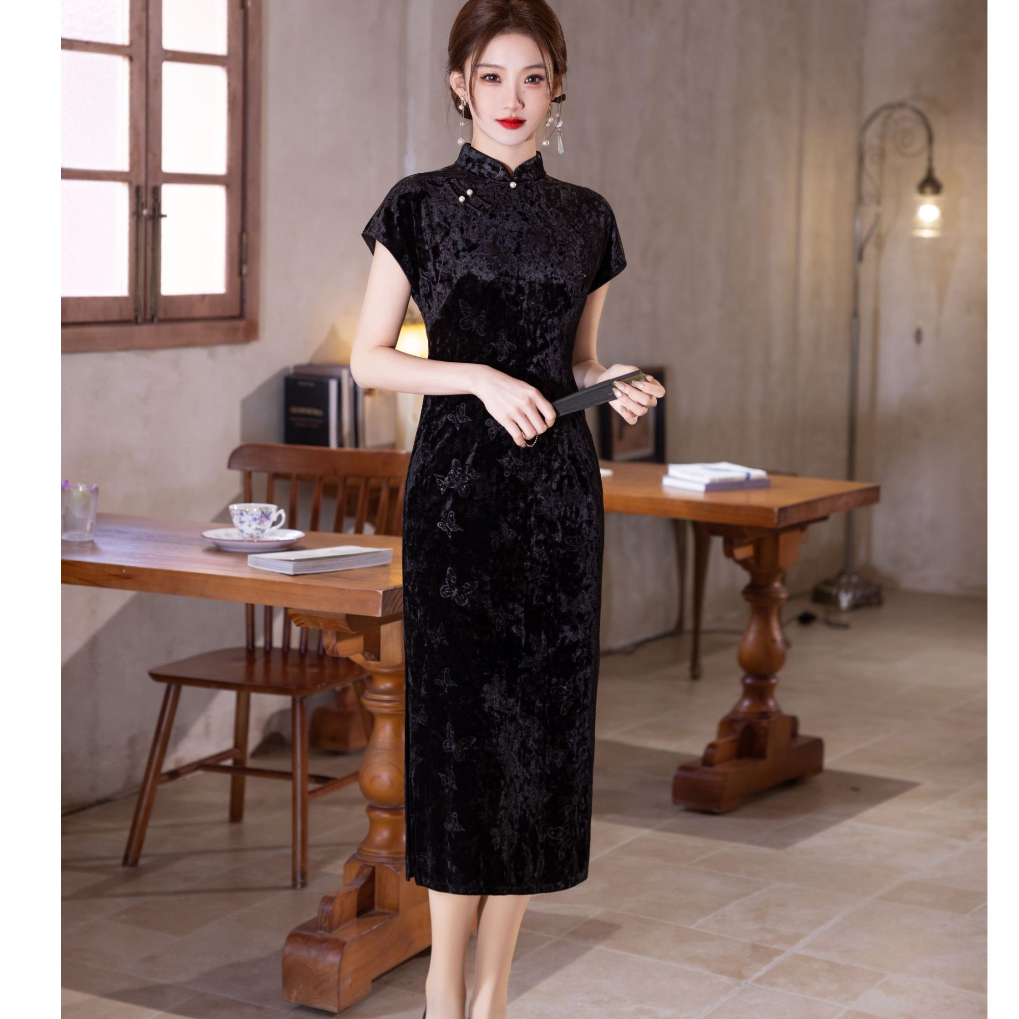 百禧-新中式黑色旗袍老上海中国风丝绒玫瑰花高级感气质简约日常