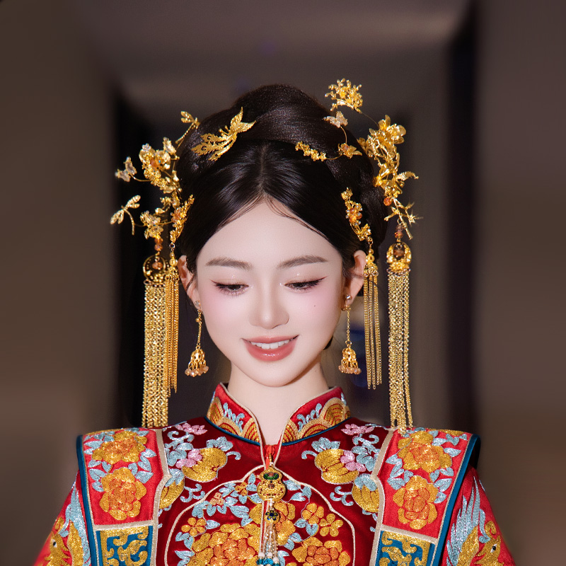 合金婚庆饰品 金色发饰凤凰发簪婚庆饰品结婚秀禾服新娘头饰MT089