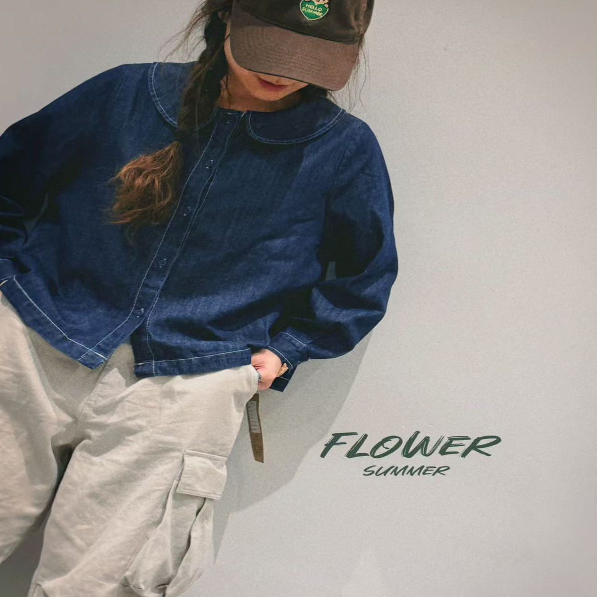 夏小朵 秋冬元宝领牛仔长袖衬衫 休闲百搭复古宽松长袖牛仔衬衫