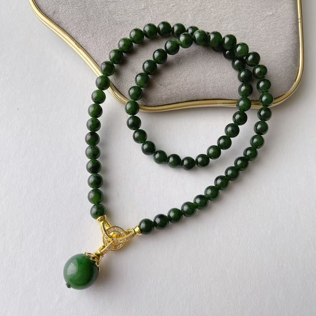 7-8mm和田玉碧玉龙珠项链吊坠手串妈妈气质时尚百搭女士绿色复古