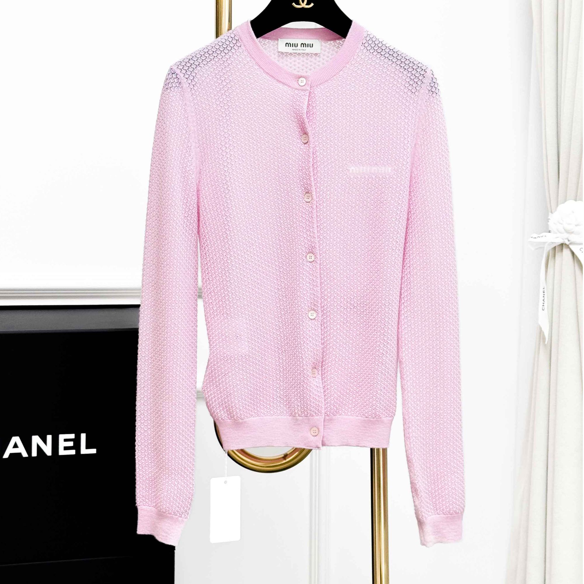 99新 MIU MIU/缪缪 40码 粉色 镂空 长袖 针织 开衫 