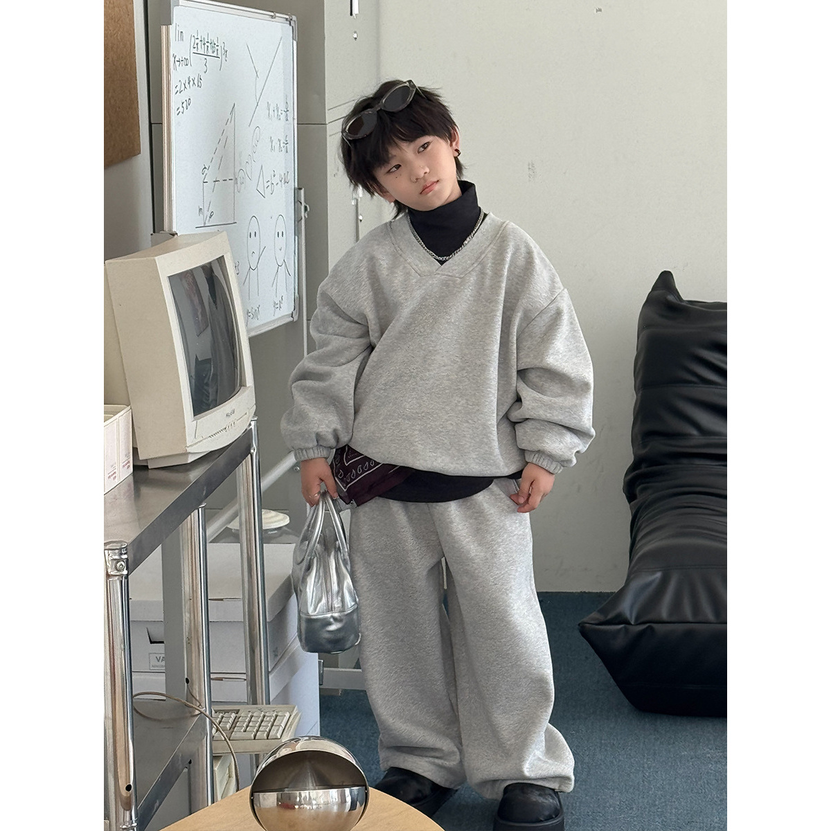 儿童加绒卫衣套装2025秋冬韩版童装新款男童纯色运动裤两件套批发