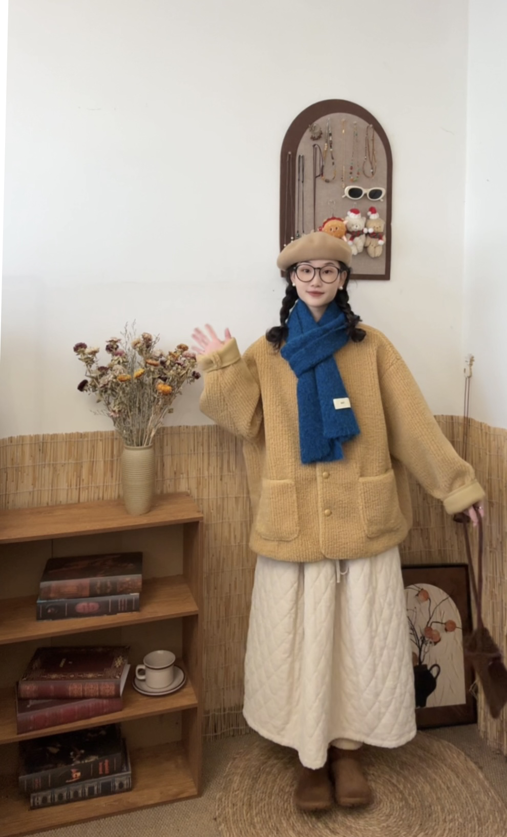 日系宽松羔羔毛外套百搭温柔风厚款配包包（衣长65胸围130））