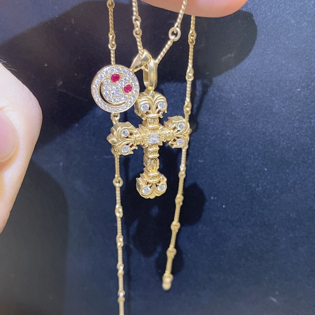 项链钻石18K金镶嵌红宝石笑脸叠搭火焰十字架k黄