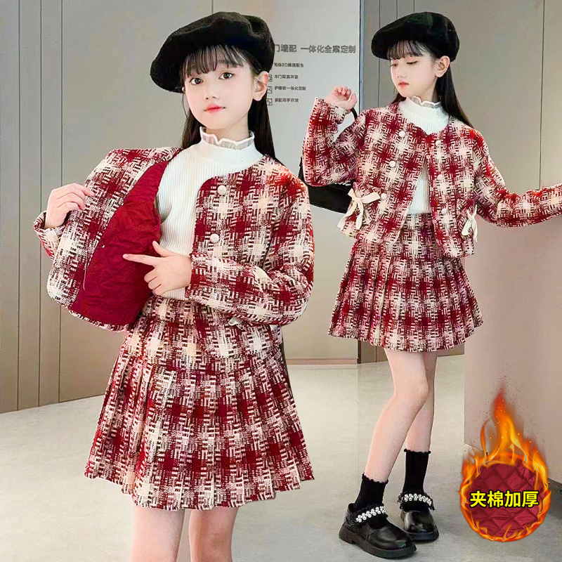 厚款冬季双排扣法式外套女套装呢子女孩格子裙童装冬装中大童套装