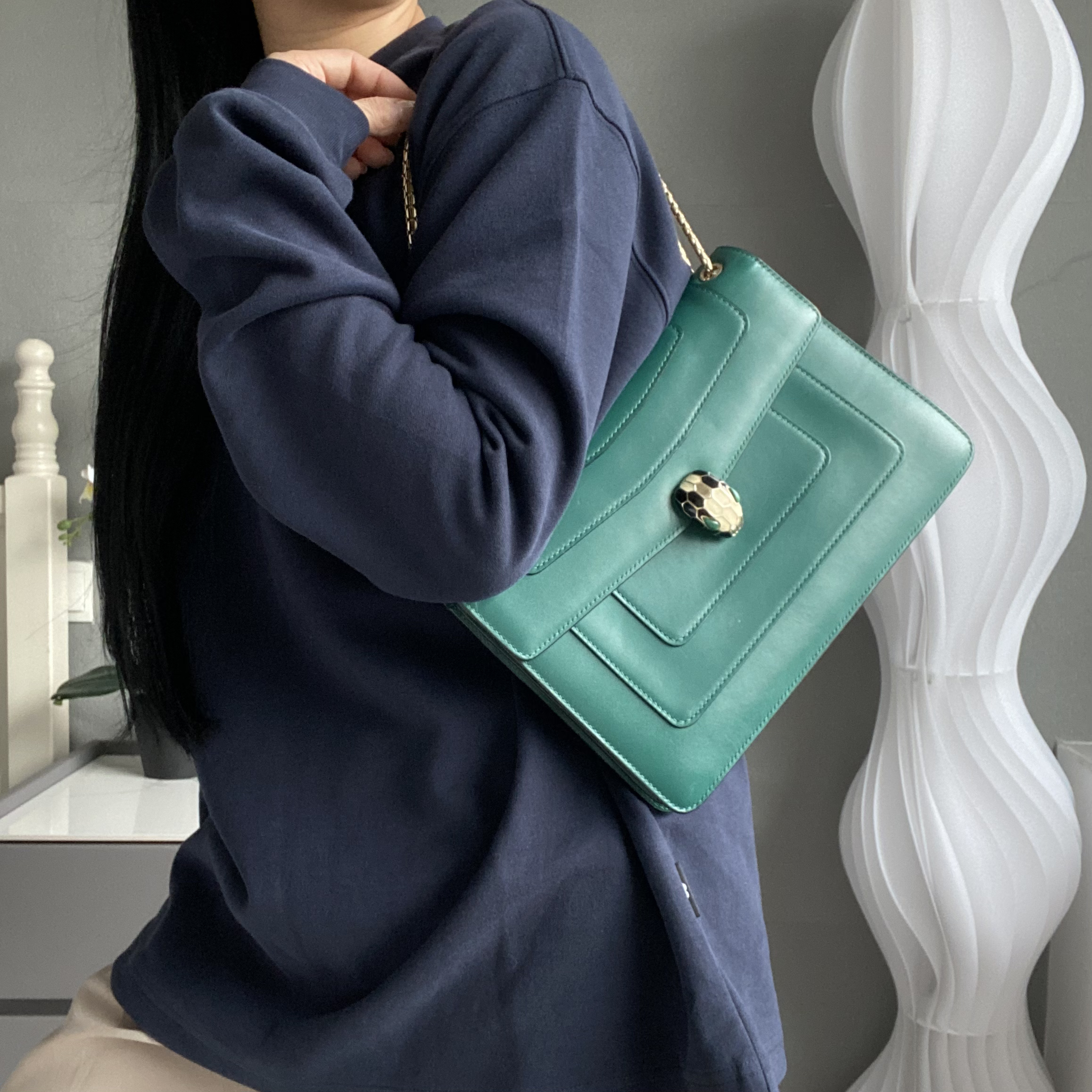 95新 BVLGARI/宝格丽 【可】 墨绿色全皮蛇头风琴单肩包00 1232