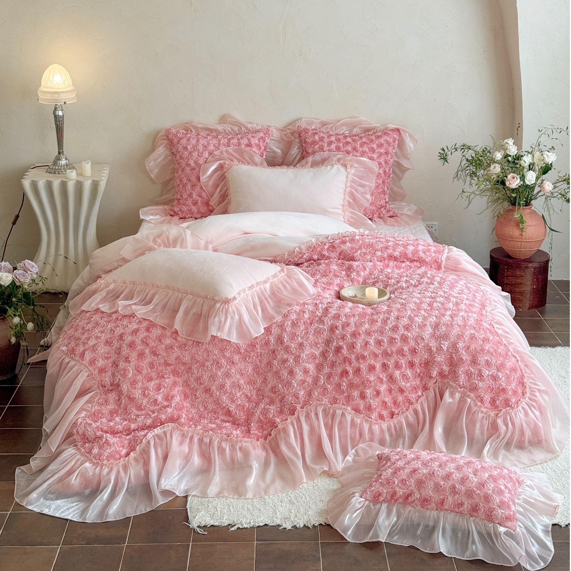 冬季加厚床盖款牛奶绒四件套公主风牛奶绒花边被套床裙保暖床品