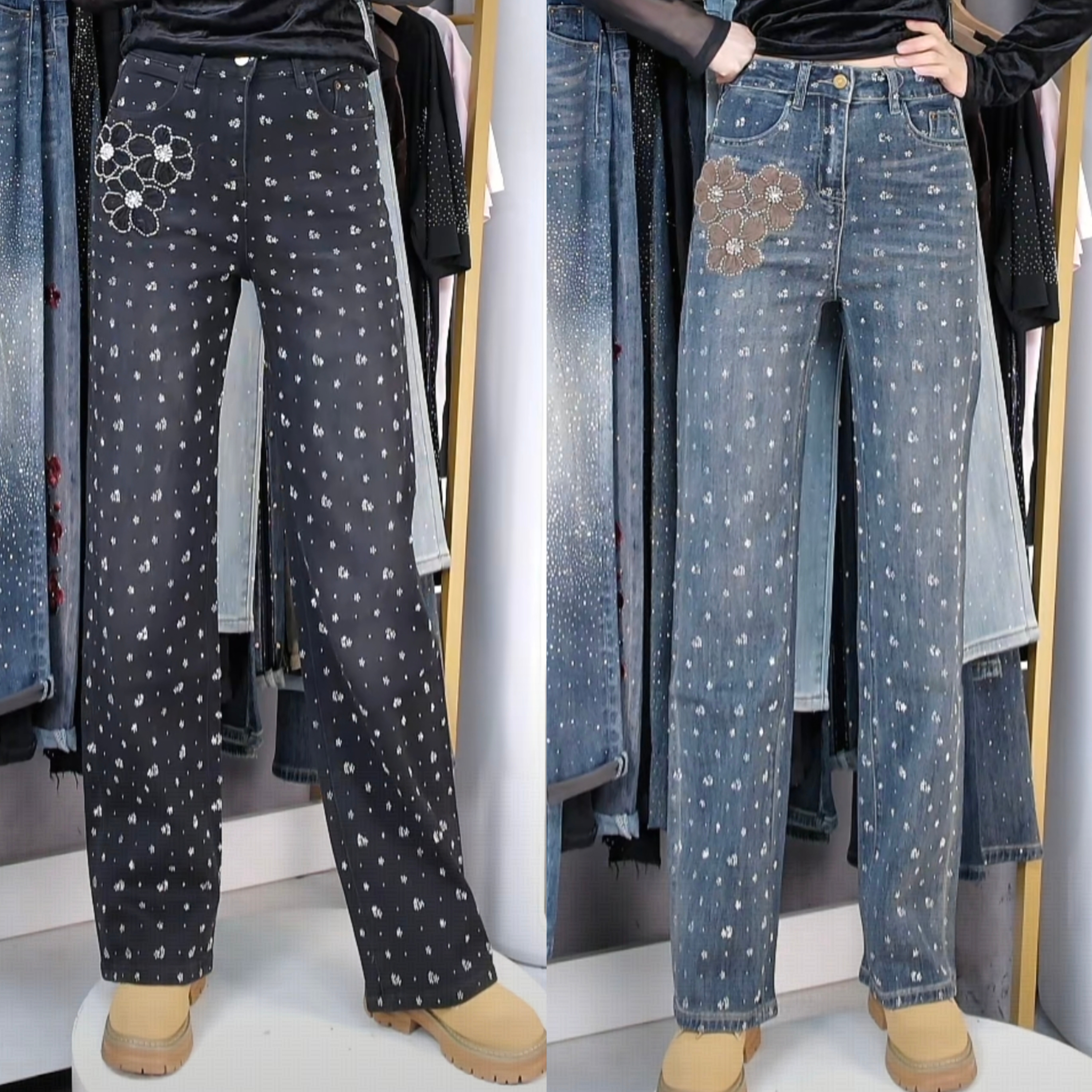 花朵刺绣阔腿牛仔裤女2025冬季新款烫钻重工女裤窄版直筒裤潮流