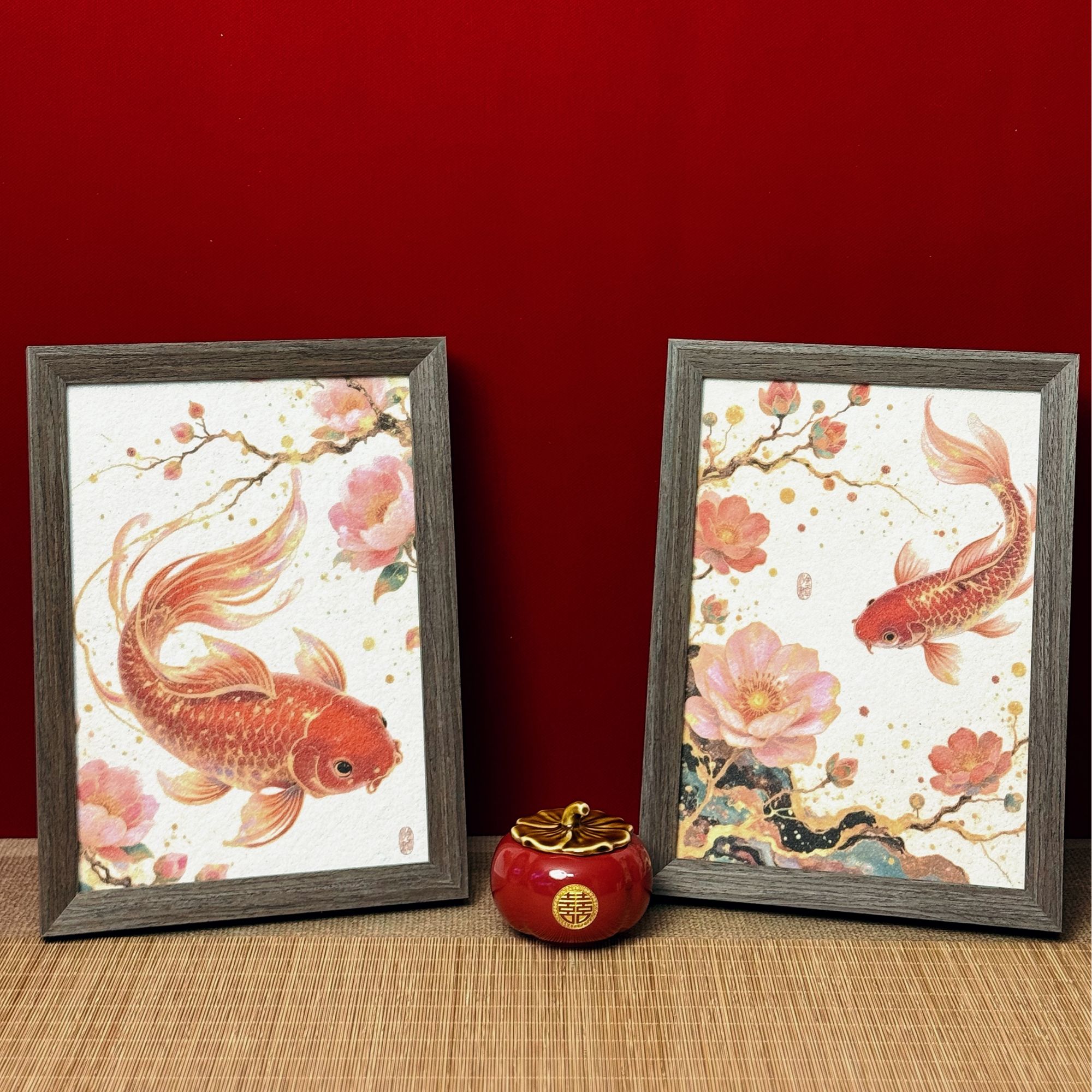 金亭沙画【红鲤鱼】装饰画电视柜摆画茶室摆台美好寓意创意摆台