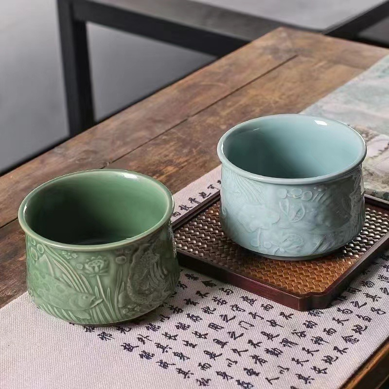 手工刻花青瓷渣斗大容量家用高档中式茶道茶具配件微瑕福利